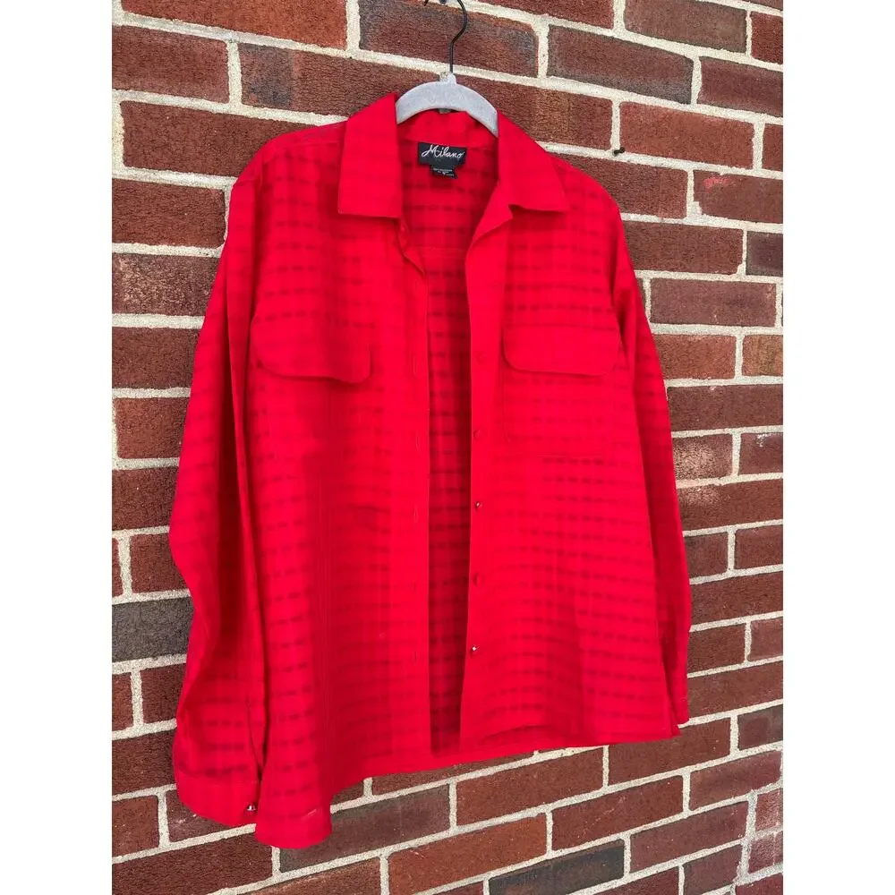 Milano Red Checkered Button Front Blouse Shirt Women Small Long Sleeve Vintage - Picture 4 of 9